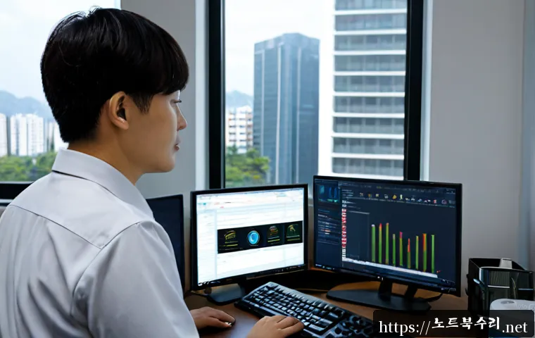 내손동 SESSION_HAS_VALID_VIEWS_ON_EXIT - Photorealistic IT support workstation in a quiet apartment office, dual monitors showing a clean abs...