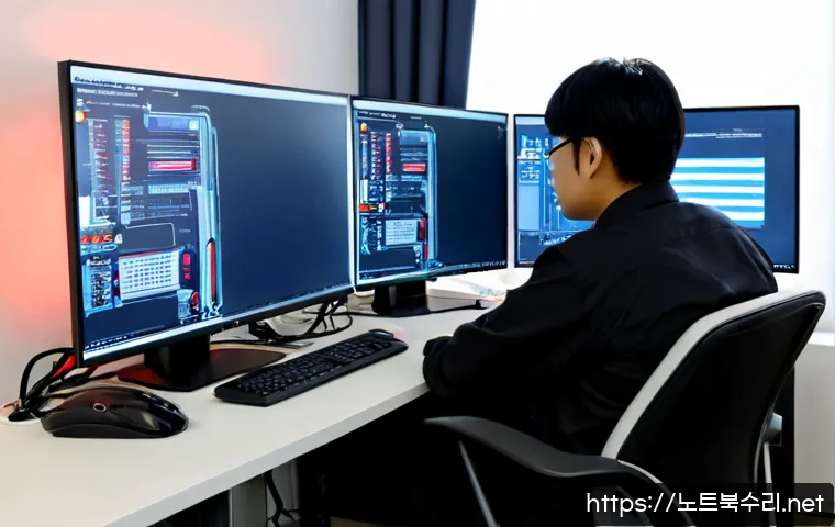 김포동 STATUS_PAGE_FAULT - Photorealistic IT support workstation in a modern Gimpo office, dual monitors showing abstract blank...