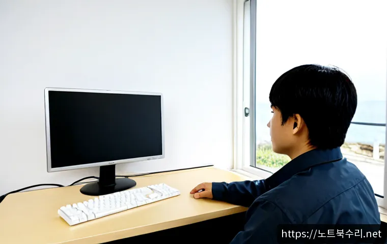 진서면 신호없음 - Photorealistic remote support workstation in a quiet Korean coastal township office, desktop monitor...
