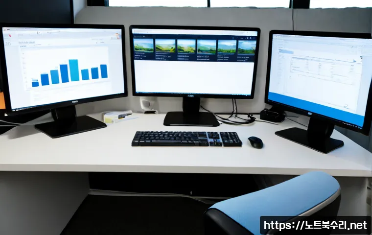 탑동 PFN_LIST_CORRUPT - Photorealistic IT support workstation in a compact Topdong office near a muted coastal industrial di...