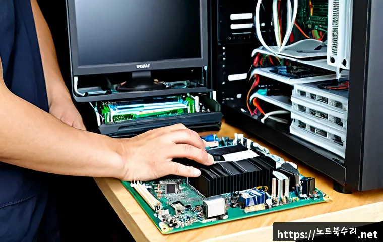 불현동 cpu조립 및 교체수리 - Photorealistic computer repair workshop, technician carefully installing a modern CPU into a desktop...