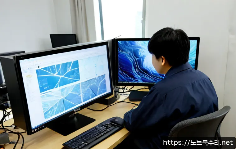 현저동 DRIVER_CAUSED_SYSTEM_CRASH - Photorealistic remote-support workstation in Hyeojeo-dong, Seoul, dual monitors showing a frozen abs...
