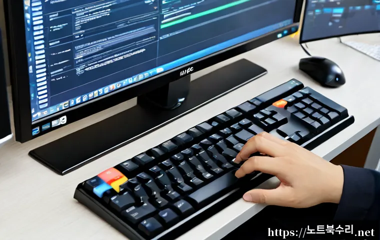 행주동 f4키 누르라고 할때 - Photorealistic remote-support workstation, close-up of a technician pressing the fourth key in the f...
