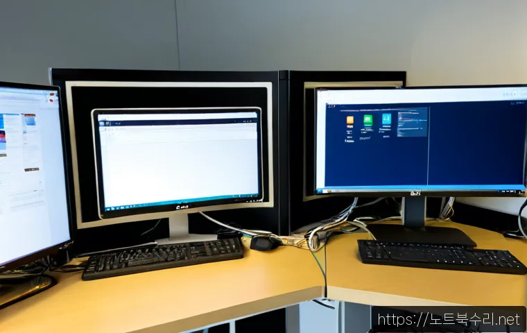 금천구 STATUS_DEVICE_OFFLINE - Photorealistic IT support workstation in a modern Geumcheon-gu office, dual monitors showing a blank...