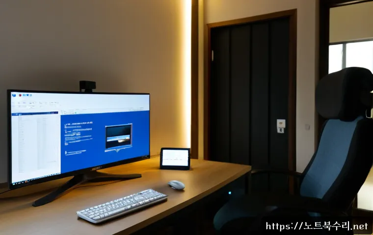 회정동 입력신호가 없습니다 - Photorealistic remote-support workstation in a compact Hoejeong-dong apartment office, dual monitors...