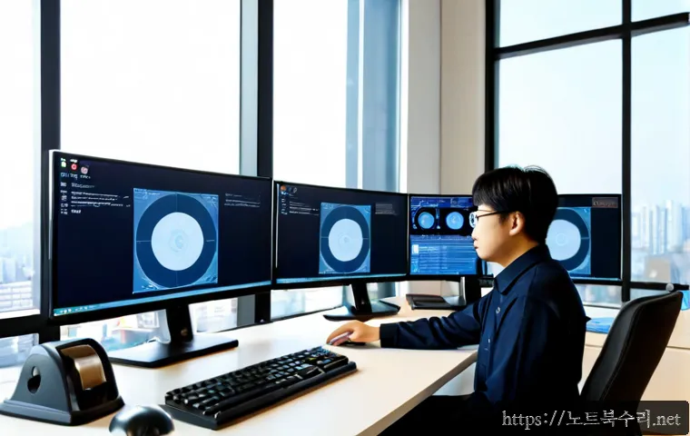 서천동 SOFTWARE_EXCEPTION - Photorealistic software support workstation in a modern Korean apartment office, dual monitors showi...