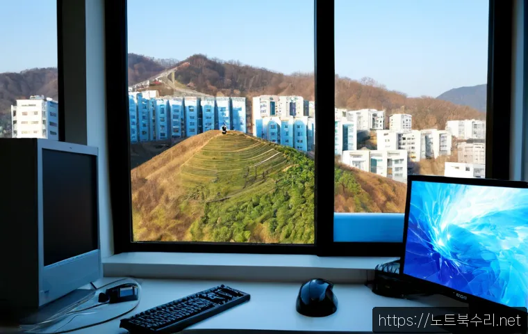 진리동 STATUS_KERNEL_MODE_EXCEPTION - Photorealistic computer repair workstation in a compact hillside neighborhood office, a desktop moni...