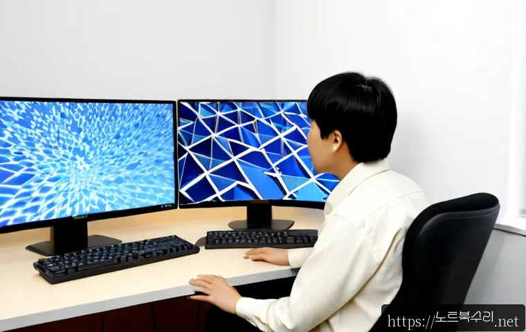 신북면 KERNEL_MODE_HEAP_CORRUPTION - Photorealistic IT support workstation in a quiet Korean county office near low forested hills, deskt...