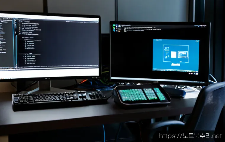 신촌동 IO1_INITIALIZATION_FAILED - Photorealistic remote IT support workstation in a compact university-district office, dual monitors ...