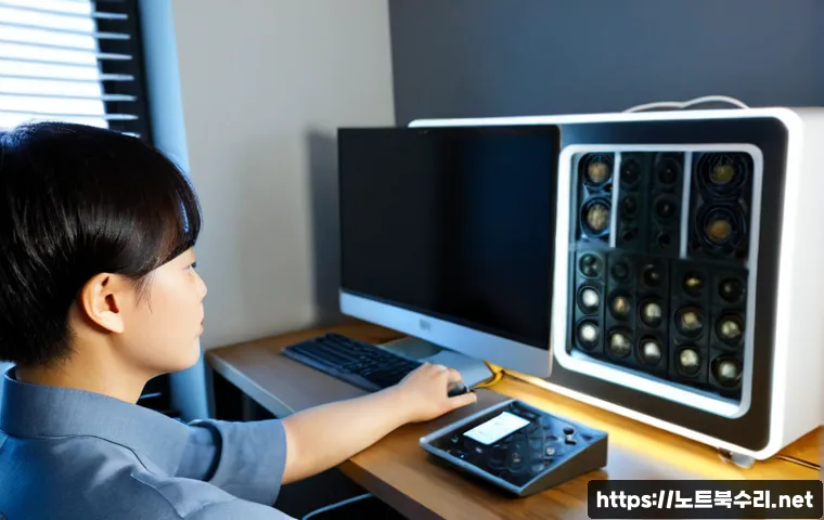 수정구 본체 꺼졌다 켜졌다 할때 - Photorealistic remote-support workstation in a compact Sujeong district apartment, desktop tower rep...