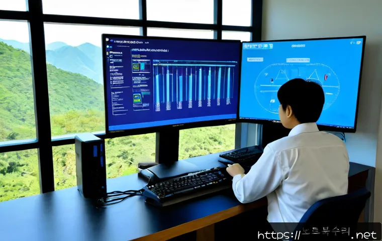 남종면 WHEA_UNCORRECTABLE_ERROR - Photorealistic IT support workstation in a quiet Namjong-myeon riverside office, dual monitors showi...