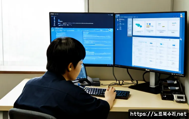 장남면 STATUS_KERNEL_THREAD_INTERRUPTED - Photorealistic remote-support workstation in a quiet semi-rural Korean district, dual monitors showi...