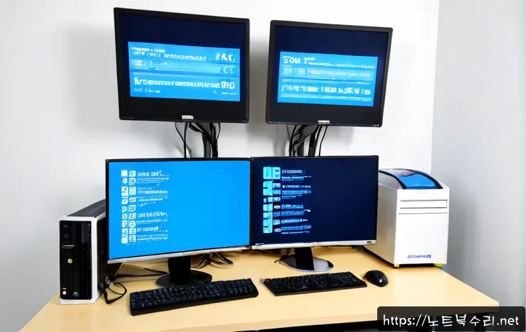 대원동 STATUS_KERNEL_DRIVER_CORRUPTION - Photorealistic modern PC repair workstation in Daewon-dong, Changwon, dual monitors showing a blank ...