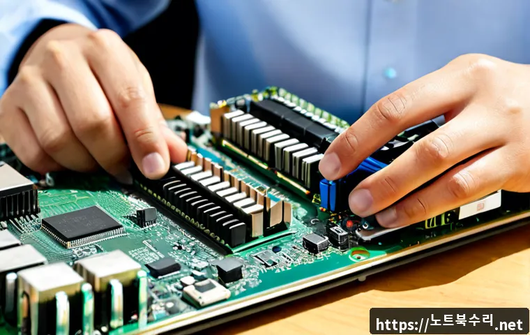 진위면 RAM조립 및 교체수리 - Photorealistic close-up of a skilled computer technician carefully seating two RAM modules into a cl...