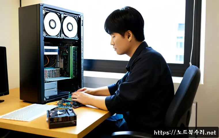 오정구 하드조립 및 교체수리 - Photorealistic computer repair workstation in a compact Ojeong-gu apartment office, technician insta...