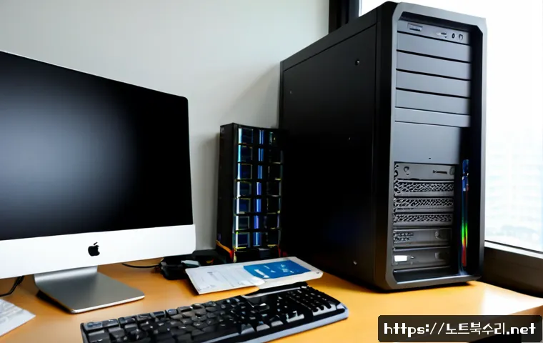 금이동 STATUS_DISK_NOT_INITIALIZED - Photorealistic IT support workstation in a compact Geumidong apartment office, technician connecting...