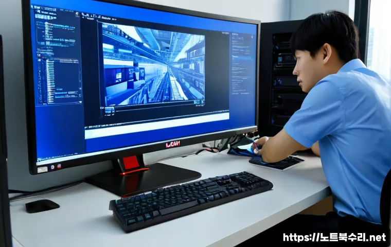 야당동 VIDEO_DRIVER_INIT_FAILURE - Photorealistic IT support workstation in a modern Yadang-dong office, a desktop monitor frozen on a ...