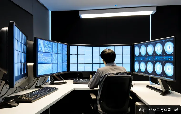 당정동 ATTEMPTED_EXECUTE_OF_NOEXECUTE_MEMORY - Photorealistic IT support workstation in a compact Dangjeong-dong office, dual monitors showing abst...