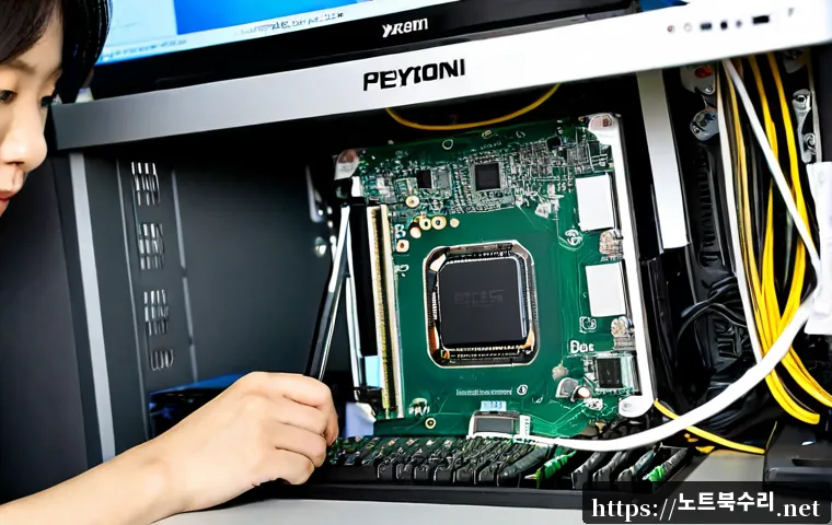 평리동 그래픽카드조립 및 교체수리 - Photorealistic computer repair workstation in a compact Pyeongni-dong neighborhood electronics shop,...