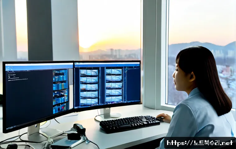 왕십리 DRIVER_CAUSED_SYSTEM_CRASH - Photorealistic IT support workstation in a high-rise office near Wangsimni, dual monitors showing a ...
