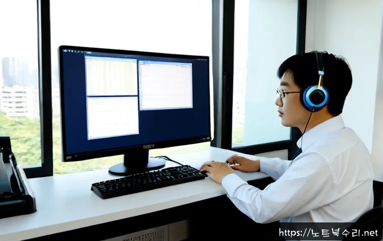 원곡동 SYSTEM_LICENSE_VIOLATION - Photorealistic IT support workstation in a compact Wongok-dong office, dual monitors showing a clean...