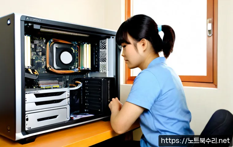 서랑동 컴퓨터업그레이드 - Photorealistic computer upgrade workstation in a compact Seorang-dong apartment study, technician in...