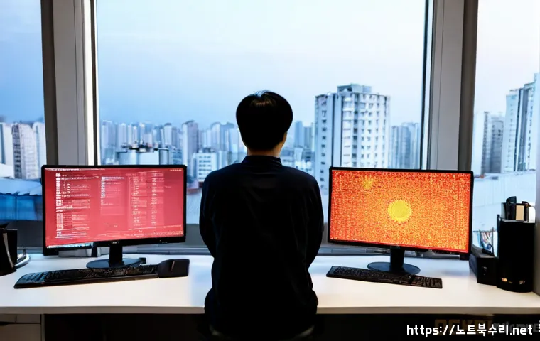 하사창동 악성코드 바이러스 - Photorealistic cybersecurity support workstation in a compact Korean apartment office, dual monitors...