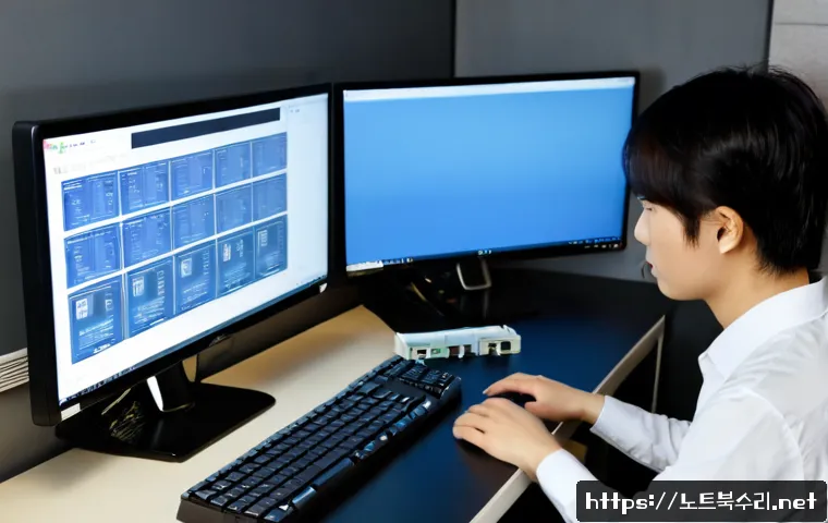 불광동 STATUS_MEMORY_ACCESS_DENIED - Photorealistic IT support workstation in Bulgwang-dong, Seoul, dual monitors showing a blank softwar...