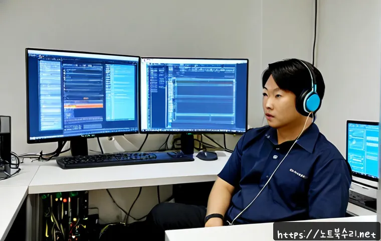 춘의동 STATUS_MODULE_ACCESS_DENIED - Photorealistic IT support workstation in a compact Chuneui-dong industrial office, dual monitors sho...