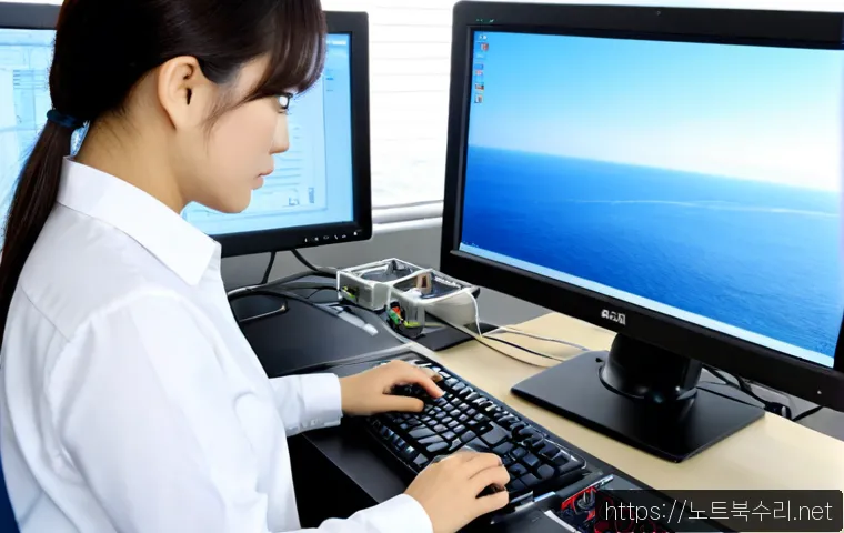 해안동 STATUS_KERNEL_MODULE_NOT_FOUND - Photorealistic coastal-district IT workstation, a support technician reseating a compact internal ha...