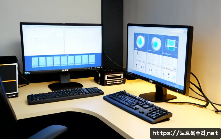 흥인동 STATUS_INVALID_OBJECT - Photorealistic IT support workstation in a compact Hwangin-dong office, dual monitors showing abstra...