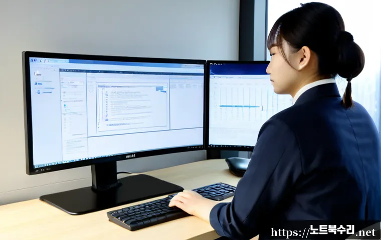 삼숭동 STATUS_KERNEL_BLOCKED - Photorealistic IT support workstation in a compact Samseong-dong office, dual monitors showing abstr...