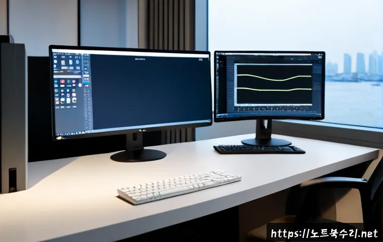 송도동 SESSION_HAS_VALID_VIEWS_ON_EXIT - Photorealistic remote-support workstation in a modern Songdo apartment office, dual monitors showing...