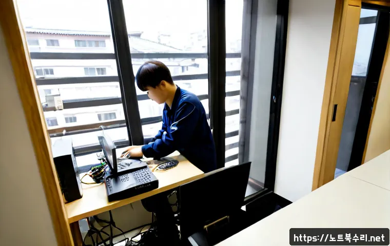명륜동 나스 nas 설정및수리 - Photorealistic NAS repair workstation in a compact Myeongnyundong apartment office, technician repla...
