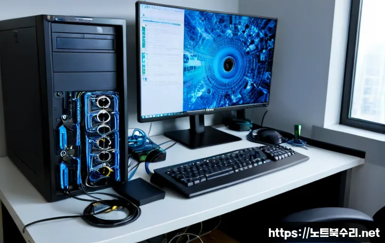 초동 STATUS_KERNEL_THREAD_TIMEOUT - Photorealistic IT support workstation in a compact Seoul office, dual monitors showing a frozen abst...