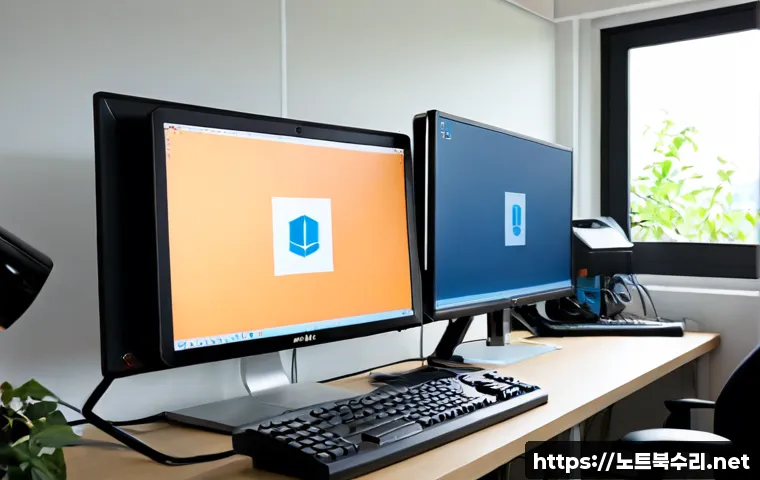 장호원 SOFTWARE_EXCEPTION - Photorealistic IT support workstation in a quiet Janghowon office, dual monitors showing a clean unl...