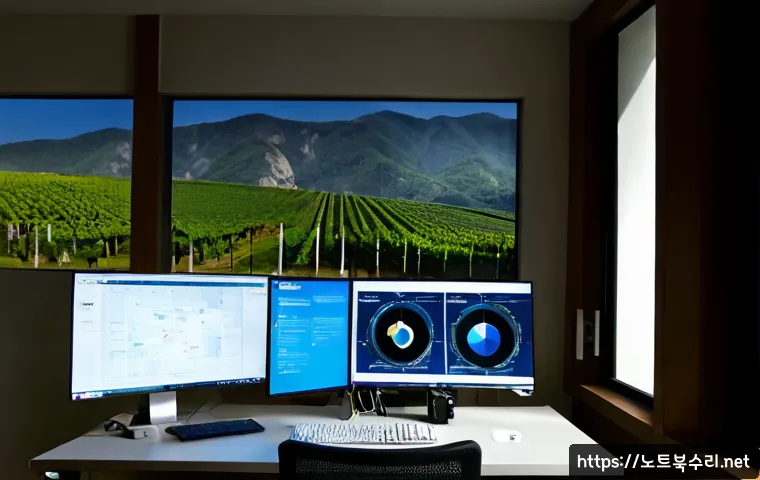 영동 STATUS_INSUFFICIENT_RESOURCES - Photorealistic IT support workstation in a quiet Yeongdong countryside office, dual monitors showing...