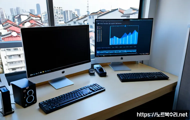 신창동 STATUS_KERNEL_RESOURCE_ERROR - Photorealistic IT support workstation in a compact apartment office, dual monitors showing a clean a...