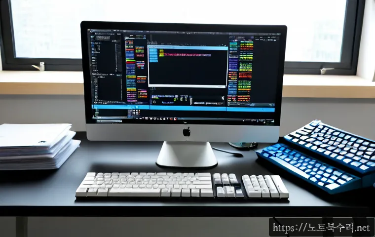 고산동 STATUS_STACK_OVERFLOW - Photorealistic compact engineering workstation in a quiet Gosan-dong office, dual monitors displayin...