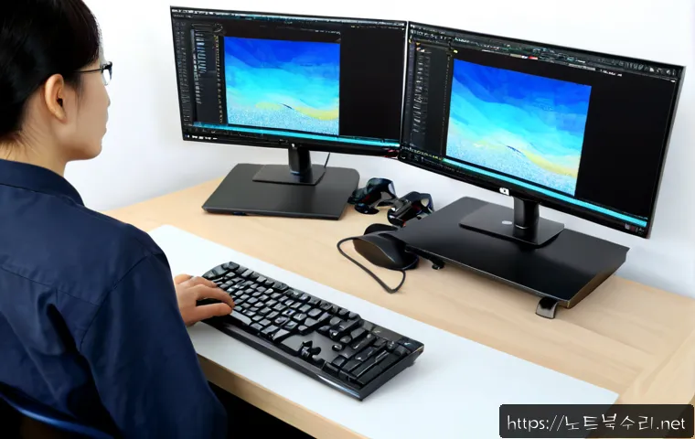 진관동 STATUS_IMAGE_CORRUPTION - Photorealistic remote-support workstation in a quiet apartment near wooded hills, dual monitors show...