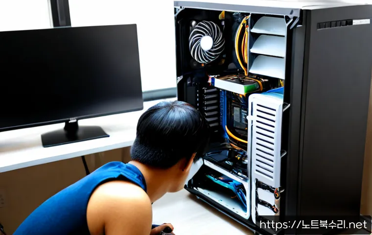 학암동 쿨러조립 및 교체수리 - Photorealistic PC repair workstation in a modern Hagam-dong apartment home office, technician carefu...