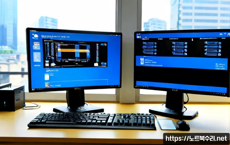 운니동 KERNEL_SECURITY_CHECK_FAILURE - Photorealistic IT support workstation in a quiet Seoul office near traditional tiled rooftops, dual ...