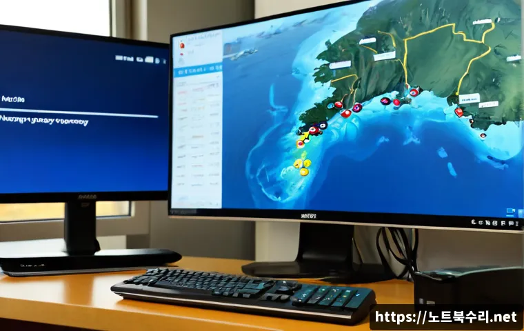 옹진군 UNMOUNTABLE_BOOT_VOLUME - Photorealistic remote IT support workstation in a quiet island county office, desktop monitor showin...