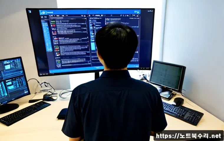 탄현동 DRIVER_VERIFIER_DETECTED_VIOLATION - Photorealistic IT support workstation in a modern Tanhyeon-dong apartment office, dual monitors show...