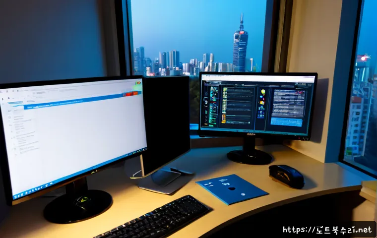 방이동 STATUS_DISK_CORRUPTION - Photorealistic remote IT support workstation in a compact Bangi-dong office, dual monitors showing a...