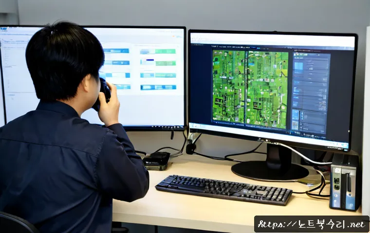 노고산동 STATUS_KERNEL_UNSUPPORTED_DEVICE - Photorealistic IT support workstation in a compact Nogosan-dong office, technician examining a deskt...
