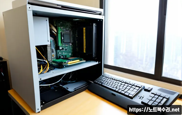 마북동 본체 꺼졌다 켜졌다 할때 - Photorealistic desktop computer repair scene in a compact Mabuk-dong apartment study, tower PC side ...