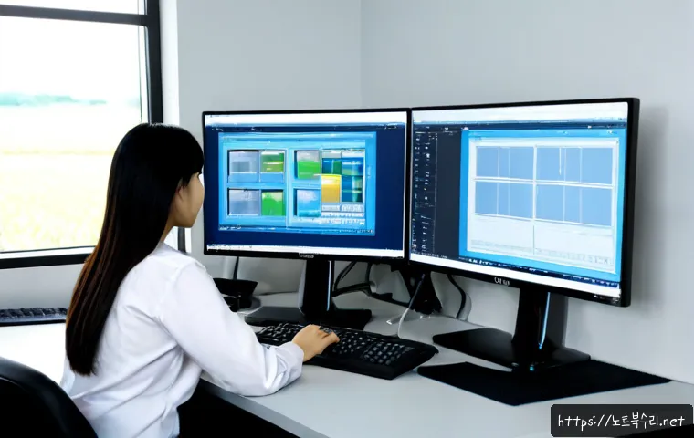 진위면 PAGE_FAULT_IN_NONPAGED_AREA - Photorealistic IT support workstation in a modern office near rural industrial fields, dual monitors...