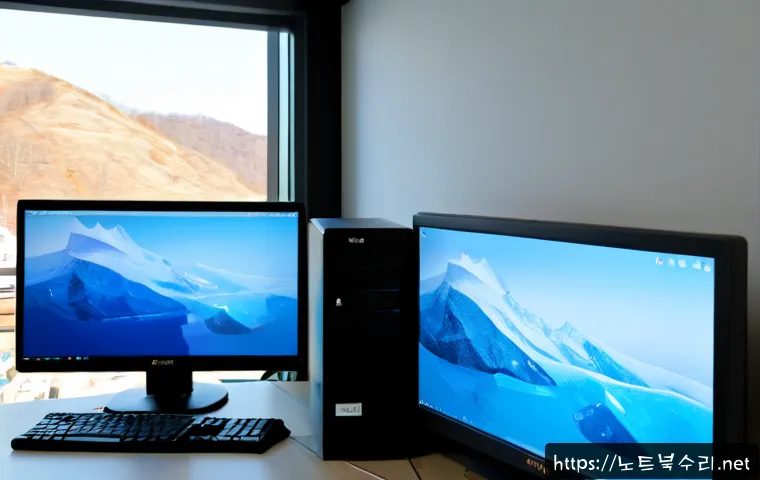 남가좌동 PAGE_TABLE_CORRUPT - Photorealistic remote-support workstation in a compact South Korean apartment office, dual monitors ...