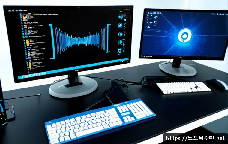 세마동 STATUS_KERNEL_STACK_CORRUPTION - Photorealistic IT support workstation in a modern office near a quiet industrial district, dual moni...